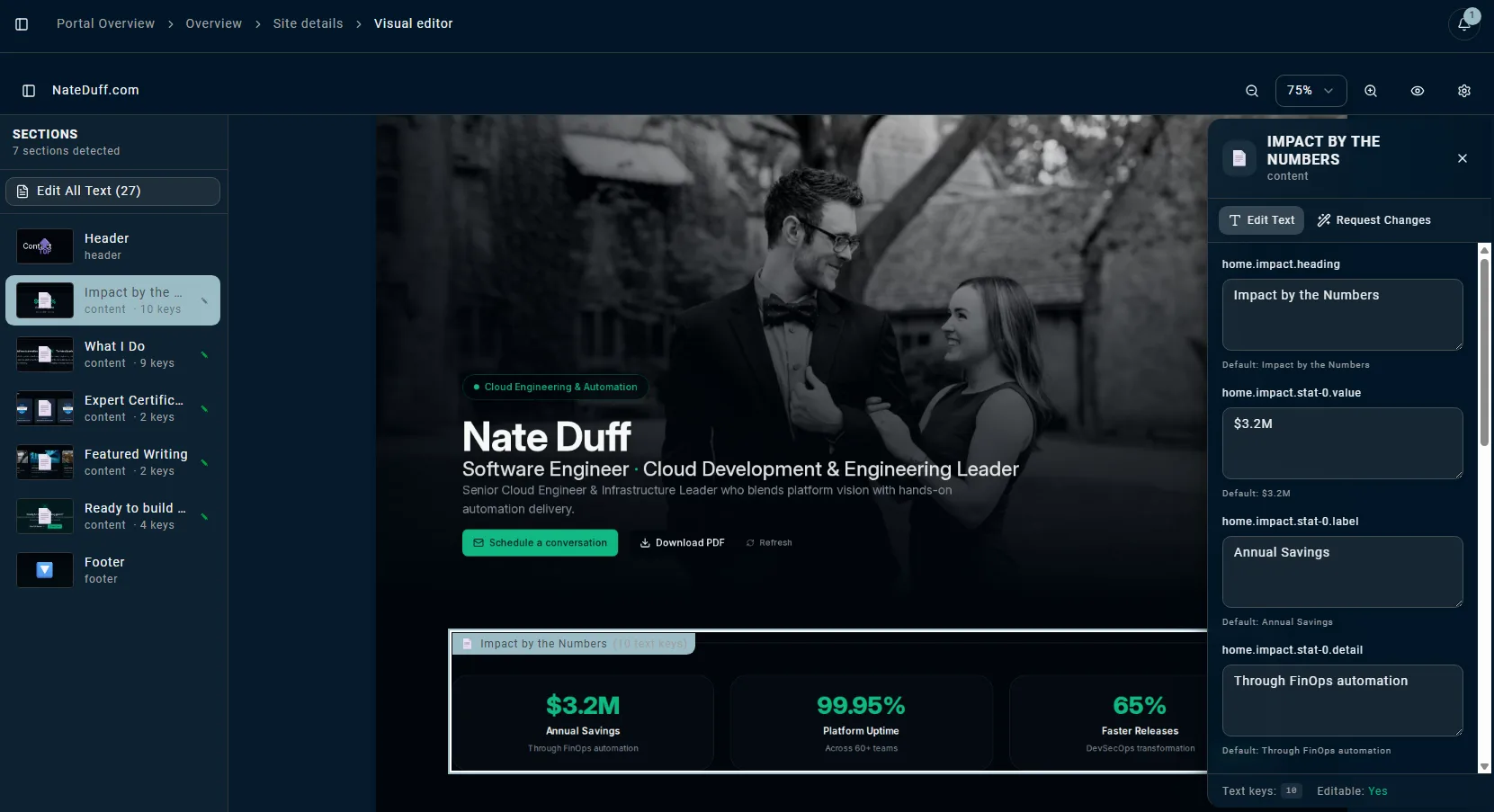 DCS Portal page editor showing visual editing interface