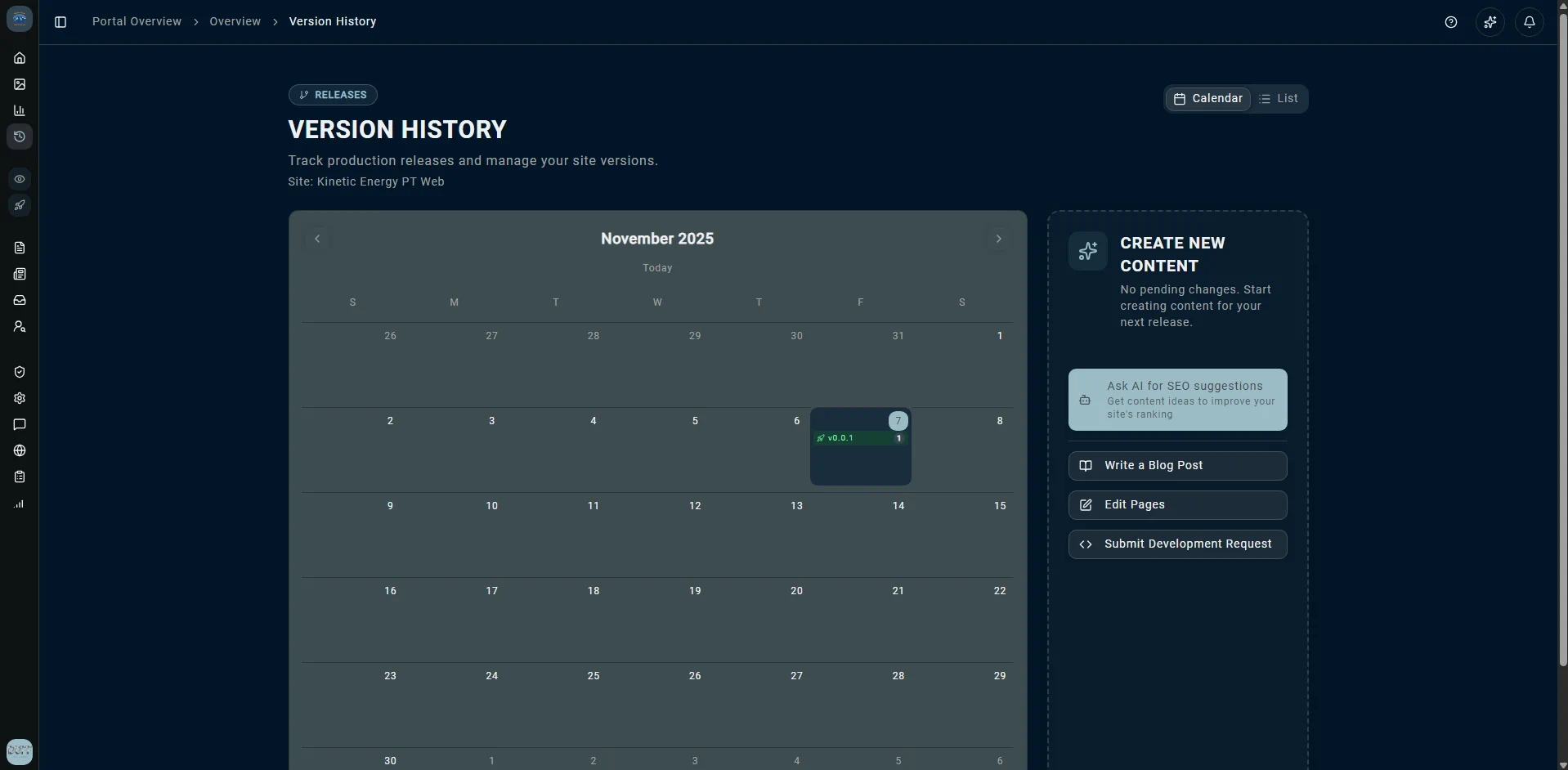 DCS portal version-history release calendar with AI content actions